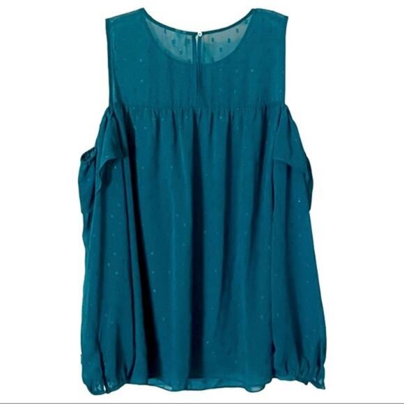 Old Navy Fairycore Glam Glitter Dot Cold Shoulder Blouse Deep Turquoise Blue- M - Picture 3 of 8